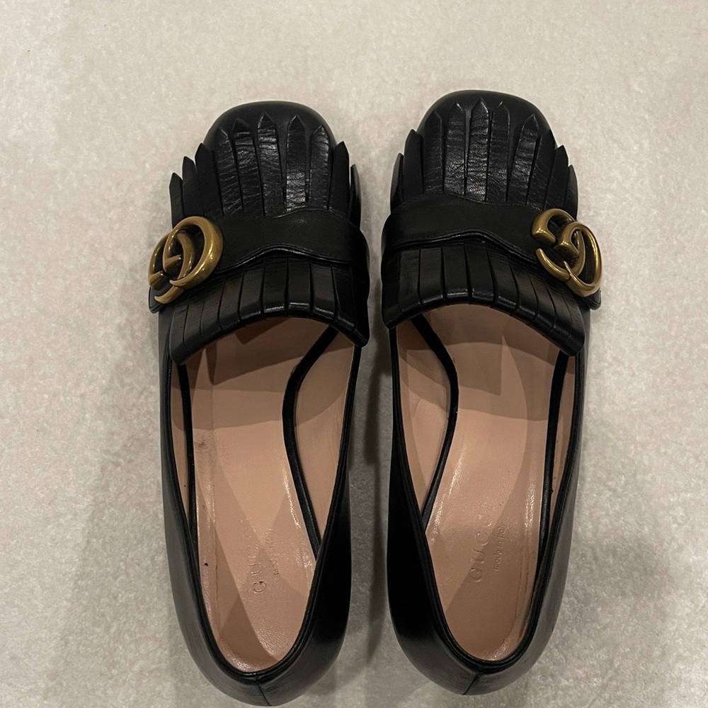 Gucci Black Leather Fringe Marmont Loafer Mid-Heel Pump - Picture 5 of 9